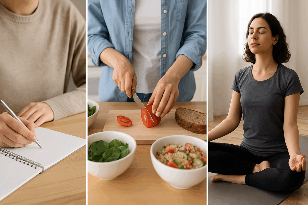 How Eating Disorder Specialists and Therapy Can Support a Healthier Lifestyle Through Mindful Nutrition 5 Practical applications of therapy for eating disorders: a person journaling, preparing a healthy meal, and practicing mindfulness through yoga, illustrating the role of Eating Disorder Specialists in bridging clinical care and daily life
