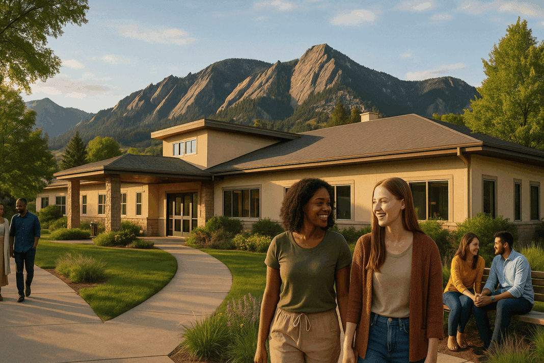 Tranquil scene of Eating Recovery Centers in a natural healing environment, with diverse individuals walking, interacting, and engaging in supportive, peaceful ways, set against the backdrop of Colorado’s Rocky Mountains