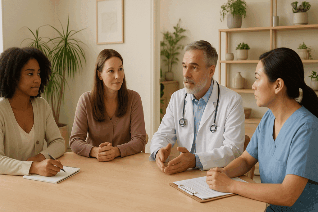 Healthcare professionals at an Eating Recovery Center collaborate in a calm, wellness-focused environment, discussing patient care. The diverse team includes a dietitian, therapist, doctor, and nurse, reflecting a multidisciplinary approach to eating disorder recovery
