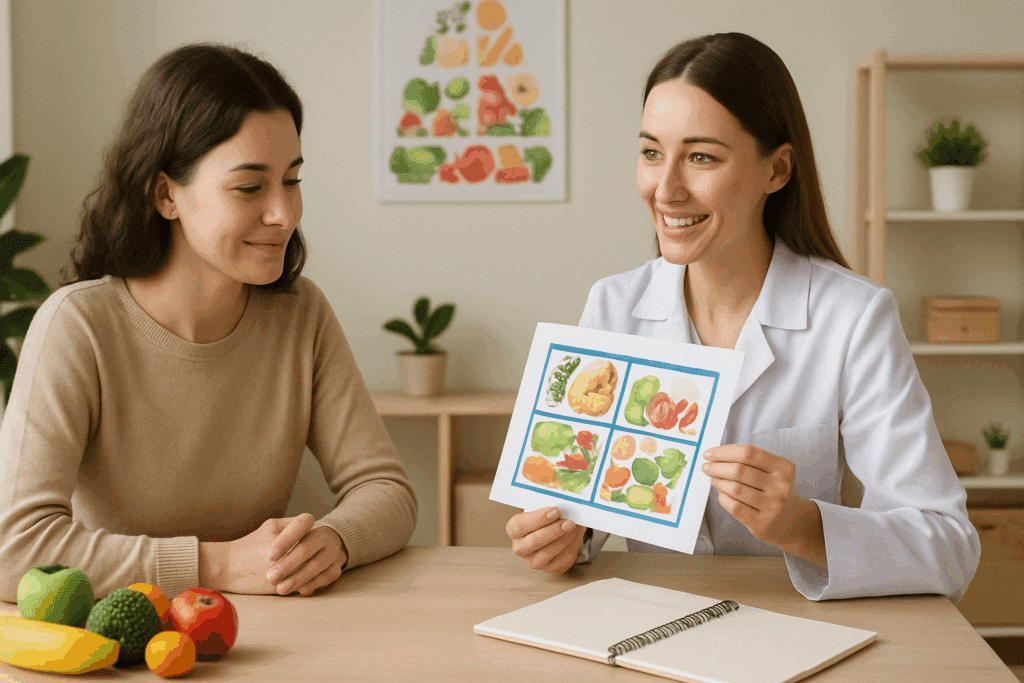 How Eating Recovery Centers Like ERC Denver Support Long-Term Nutrition and Wellness 3 Patient and dietitian at Eating Recovery Centers consulting over a colorful, balanced meal plan in a calm, supportive environment