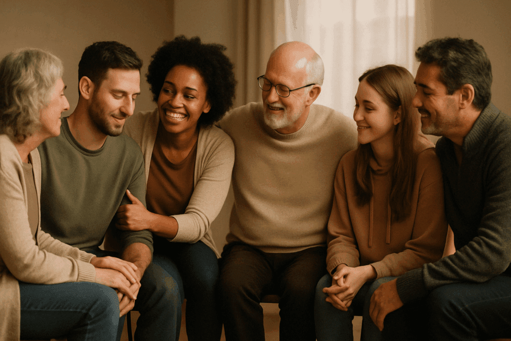 How Eating Recovery Centers Like ERC Denver Support Long-Term Nutrition and Wellness 6 Family therapy session with diverse individuals sitting in a circle, engaging in open dialogue and emotional connection. The scene conveys warmth, intimacy, and support, reflecting the importance of family involvement and community in Eating Recovery Centers