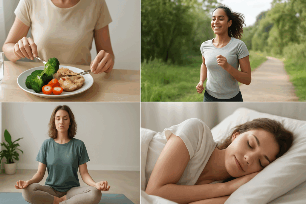 How Hormones and Hunger Are Connected: What Ghrelin Does and How to Turn Off Hunger Hormones Naturally 3 Collage showing healthy habits for turning off hunger hormones naturally: a person eating a balanced meal with vegetables, a woman jogging outdoors, a person meditating, and a peaceful sleeper.