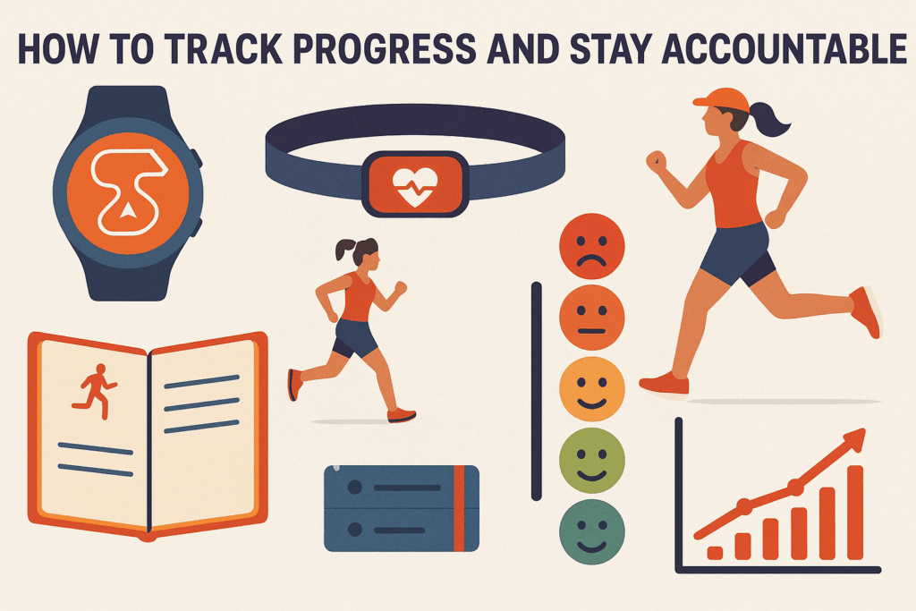 How Long Does It Take to Get Better at Running? A Science-Backed Guide to Building Endurance and Performance Safely 3 Infographic showing tools like GPS watch, heart rate monitor, journal, and progress chart used to track running performance, supporting how long does it take to get better at running
