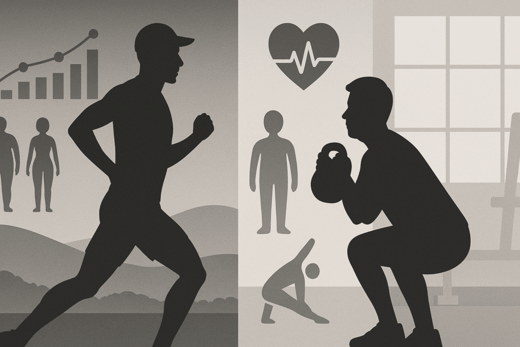 How Long Does It Take to Get in Shape? Science-Backed Timelines to Transform Your Body and Boost Performance Naturally 1 Conceptual fitness collage showing VO2 max charts, body composition silhouettes, heart rate visuals, and flexibility icons with a split-screen of an endurance athlete and a beginner in a gym, illustrating the concept of 'how long does it take to get in shape' through contrasting fitness levels and training progress