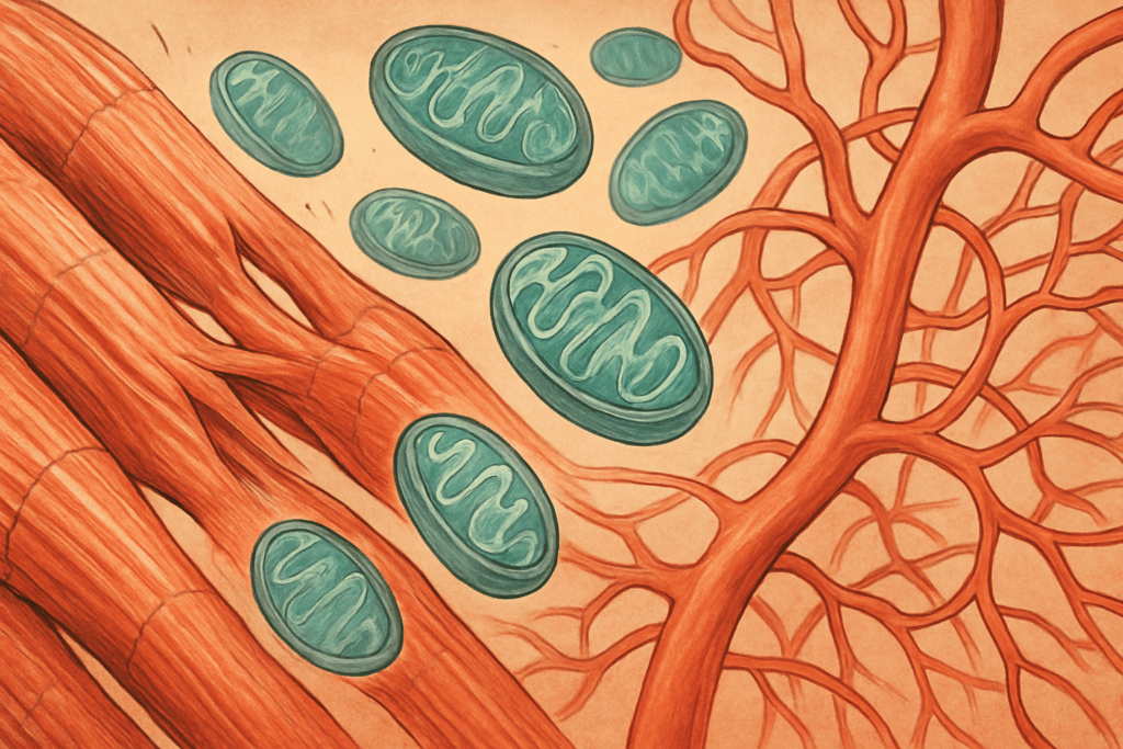 How Long Does It Take to Get in Shape? Science-Backed Timelines to Transform Your Body and Boost Performance Naturally 2 Muscle fibers, mitochondria, and blood vessels inside the human body adapting to exercise, illustrating how long it takes to get in shape by showing cellular changes during physical activity