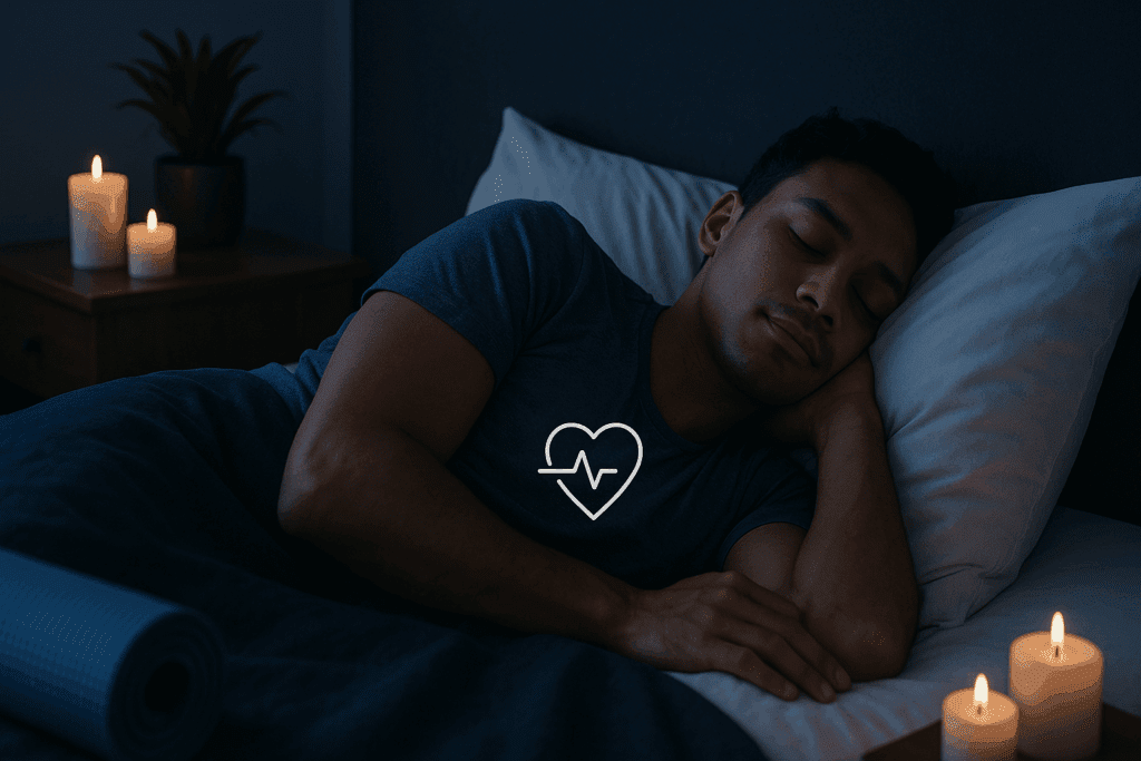 How Long Does It Take to Get in Shape? Science-Backed Timelines to Transform Your Body and Boost Performance Naturally 5 Person peacefully sleeping in a dark bedroom, with subtle indicators of recovery like a heart rate monitor, and side elements symbolizing mindfulness and low stress such as yoga mat and candles, illustrating how long does it take to get in shape