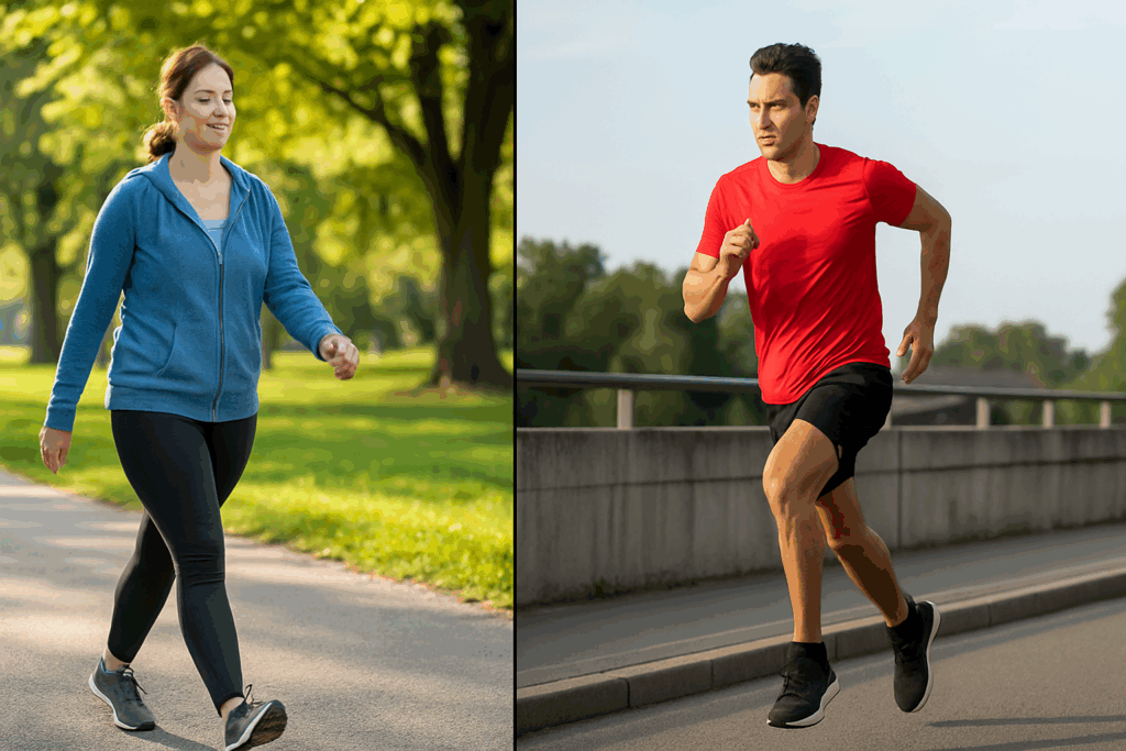 How Much Exercise Per Day Do You Really Need? Expert-Backed Examples of Moderate and Vigorous Activities for Adults and Kids 1 Side-by-side of woman brisk walking in a park and man sprinting on urban trail, illustrating How Much Exercise Per Day Do You Really Need