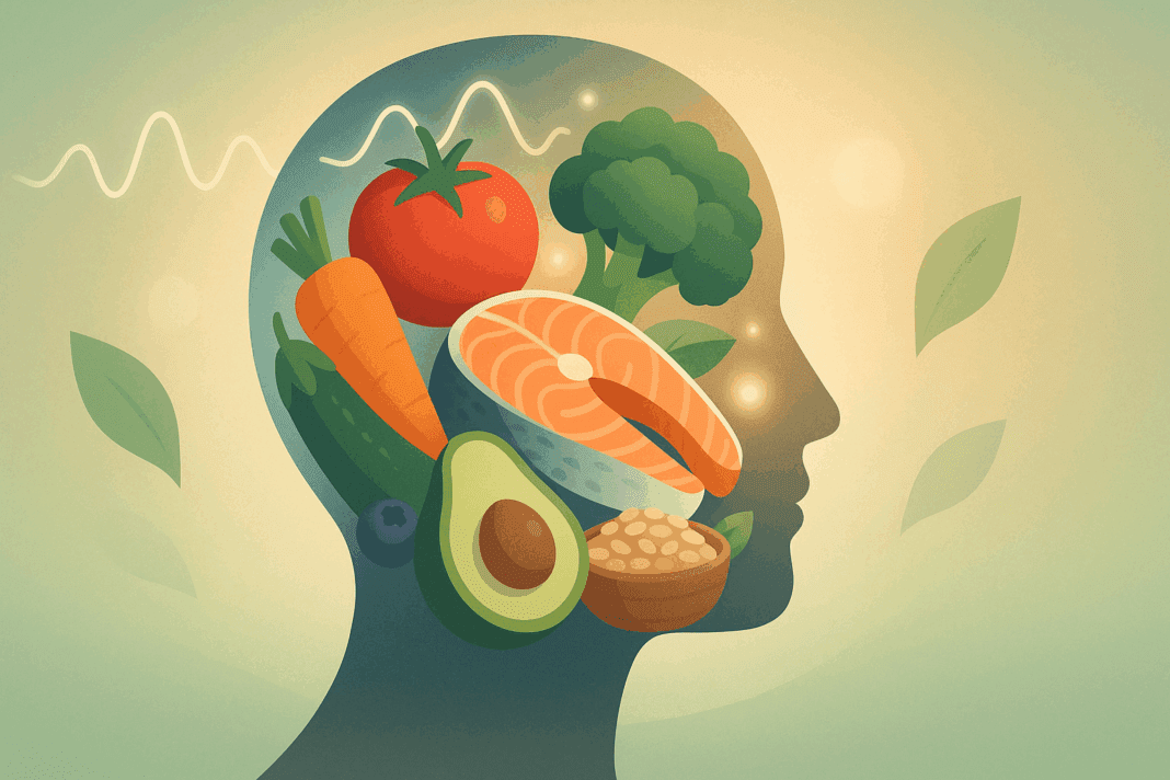 Silhouette of a human head filled with salmon, avocado, vegetables, and grains, symbolizing eating well for emotional wellness.