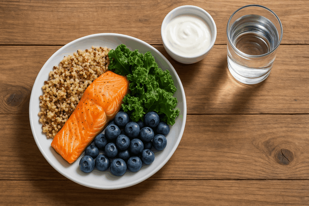 How Nutrition and Mental Health Are Connected: Six Benefits of Eating Well for Emotional Wellness 5 Fresh salmon, quinoa, kale, blueberries, yogurt, and water arranged on a rustic table—foods that support eating well for emotional wellness