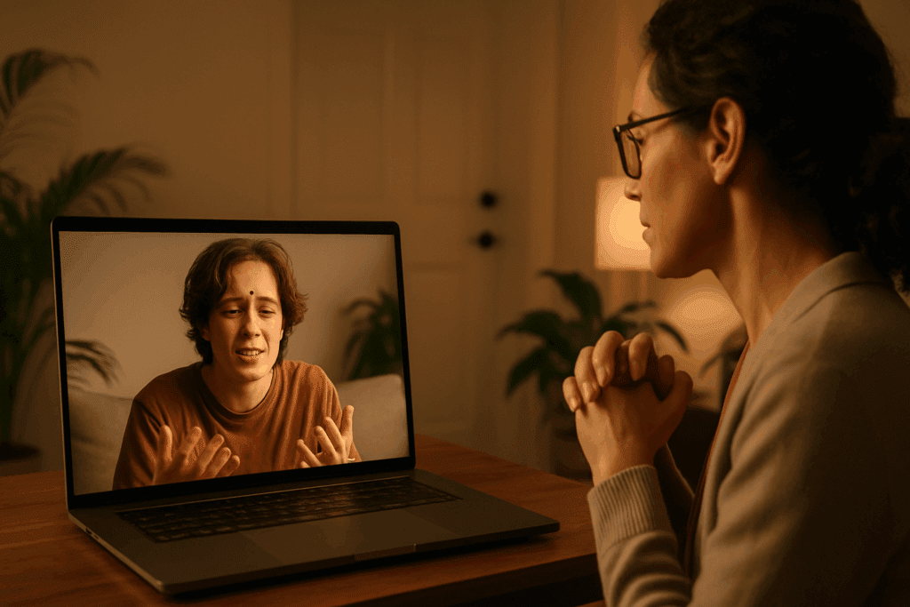 How Online Eating Disorder Treatment Supports Recovery: A Mindful Approach to Nutrition and Mental Wellness 3 Young person expressing emotion during an Online Eating Disorder Treatment session via video call with a compassionate therapist in a calm, private setting