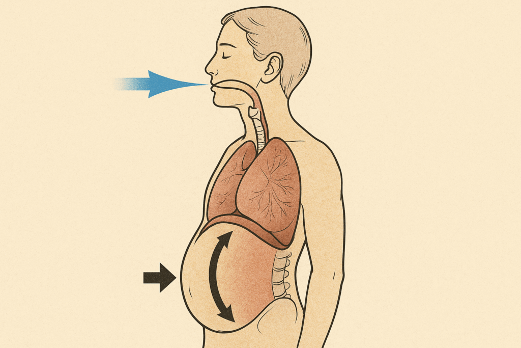 How Proper Breathing Techniques for Working Out Can Boost Endurance and Maximize Performance 4 Side-view anatomical illustration showing diaphragmatic breathing technique with airflow and abdominal expansion, used in breathing techniques for working out