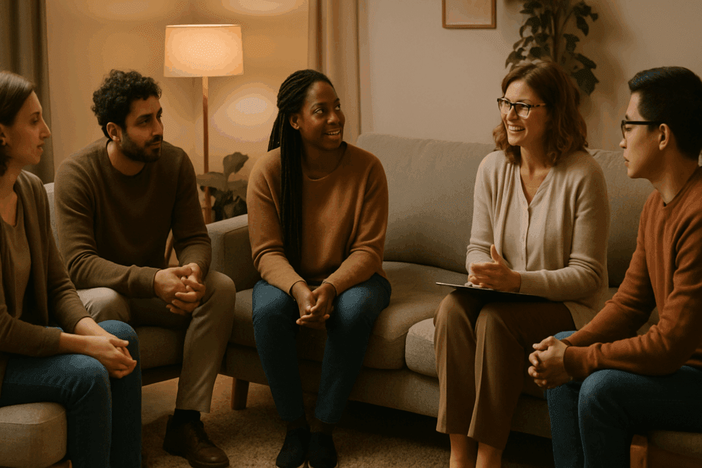How Residential Eating Disorder Treatment Supports Lasting Recovery: What to Expect from Residential Eating Disorder Clinics 1 Support group session in a cozy living room setting, showing residential eating disorder treatment in a calm, inclusive environment.