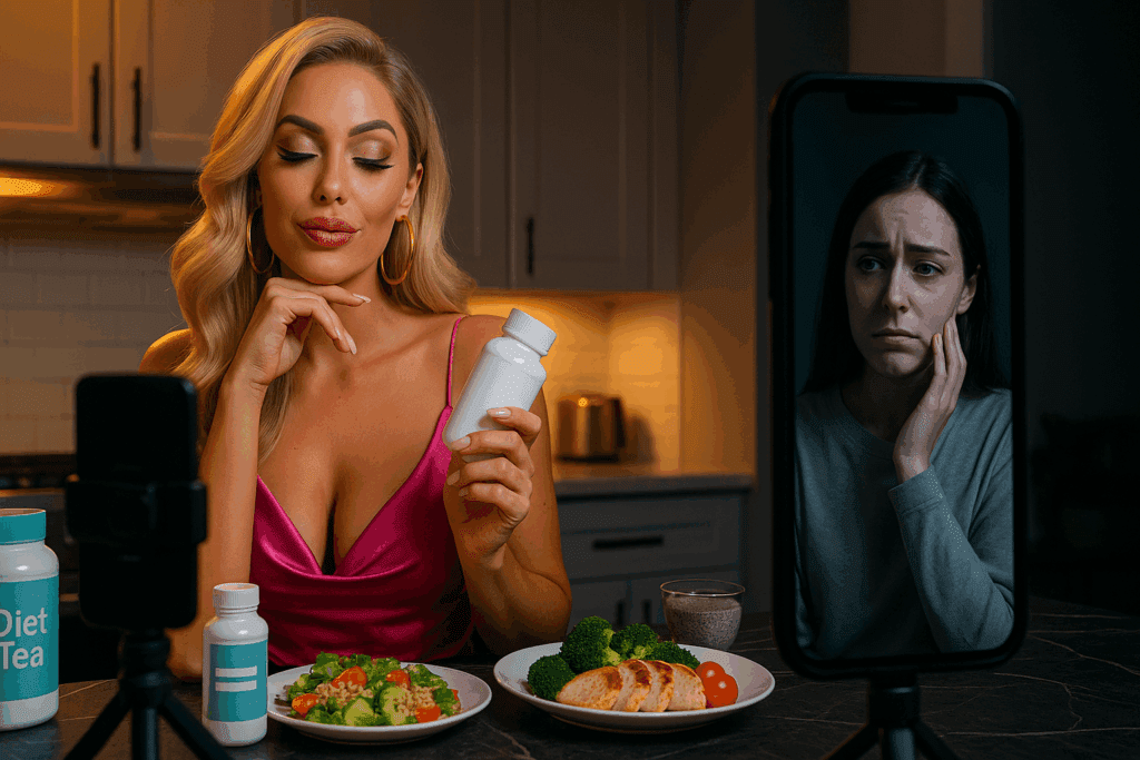 How Social Media May Influence Eating Disorders: Exploring the Link Between Anorexia and Online Culture 5 Glamorous influencer poses with diet teas as anxious viewer watches, illustrating how social media may influence eating disorders