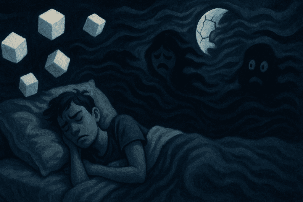 How Sugar and Anxiety Are Linked: What Science Says About Their Impact on Mental Health 5 Conceptual night scene illustrating how sugar and anxiety are linked, with floating sugar cubes above a restless sleeper and a fragmented moon.