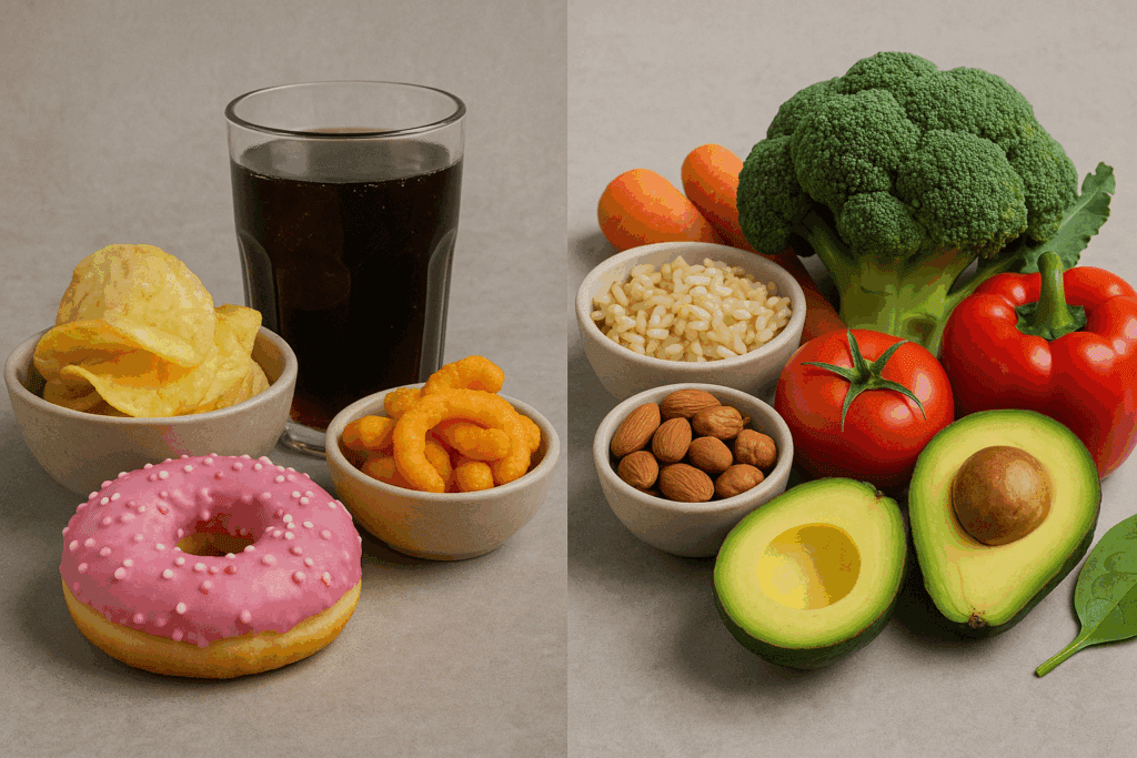 How a Whole Foods Diet Supports Sustainable Weight Loss: Expert Tips for Eating Whole Foods to Lose Weight Safely 2 Side-by-side comparison of a processed meal and a whole foods diet meal with chips, soda, and doughnut on the left and fresh vegetables, nuts, and avocado on the right