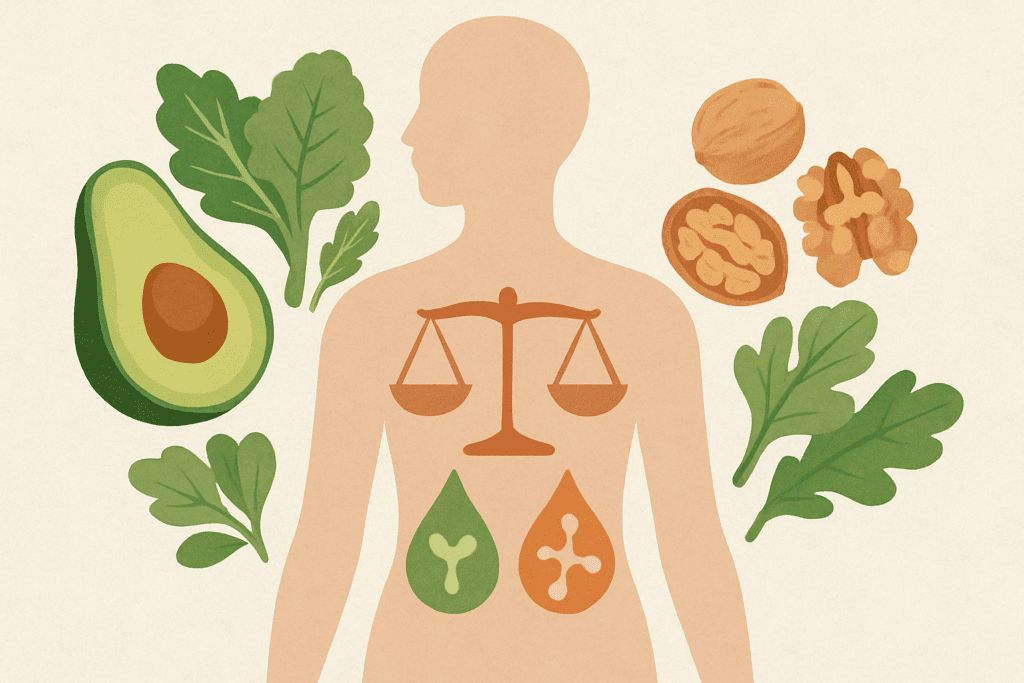 How a Whole Foods Diet Supports Sustainable Weight Loss: Expert Tips for Eating Whole Foods to Lose Weight Safely 3 Illustration of a human silhouette showing hormone balance with icons for insulin and leptin, surrounded by whole foods like avocado, leafy greens, and walnuts to represent the benefits of a whole foods diet