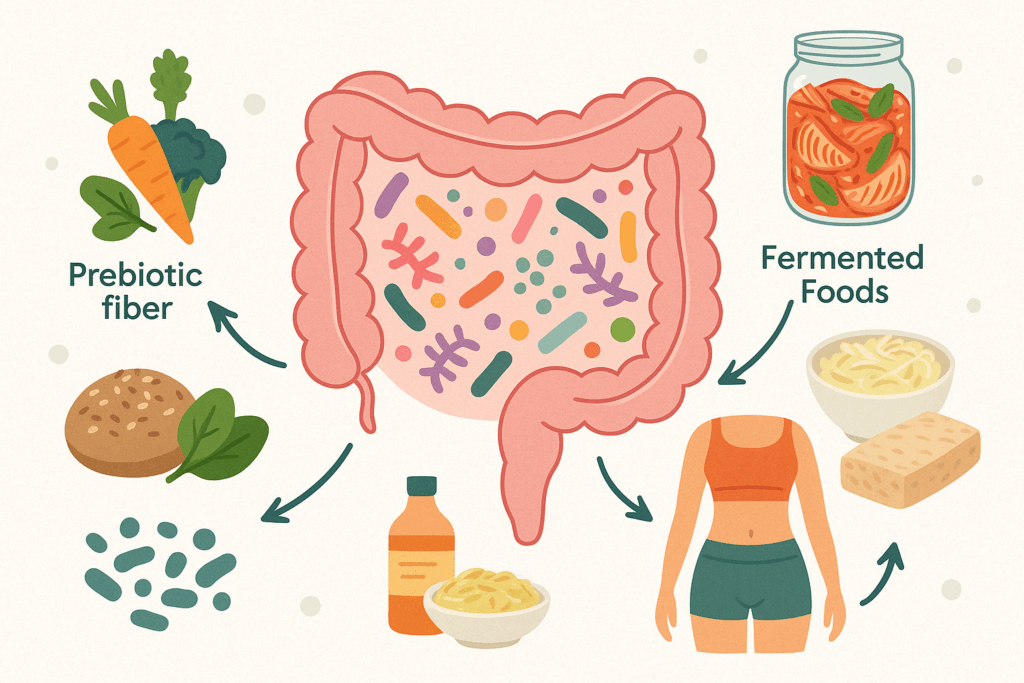 How a Whole Foods Diet Supports Sustainable Weight Loss: Expert Tips for Eating Whole Foods to Lose Weight Safely 4 Diagram of gut microbiome showing how fermented foods and prebiotic fiber in a whole foods diet support digestion and weight loss.