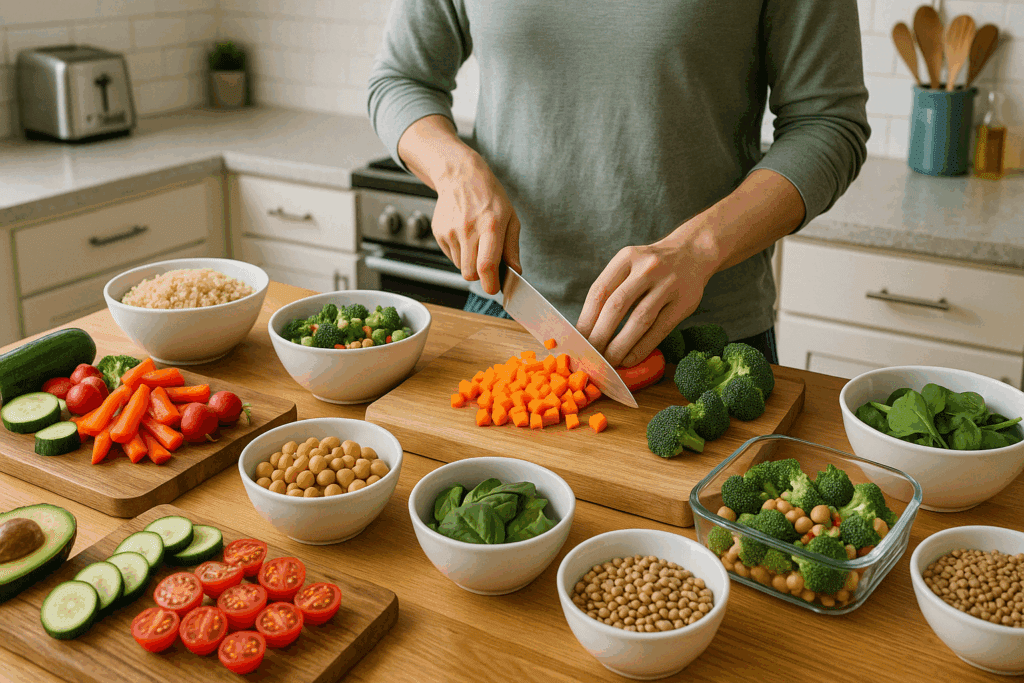 How a Whole Foods Diet Supports Sustainable Weight Loss: Expert Tips for Eating Whole Foods to Lose Weight Safely 5 Meal prepping for a whole foods diet with fresh vegetables, quinoa, and plant-based proteins on a clean kitchen counter.