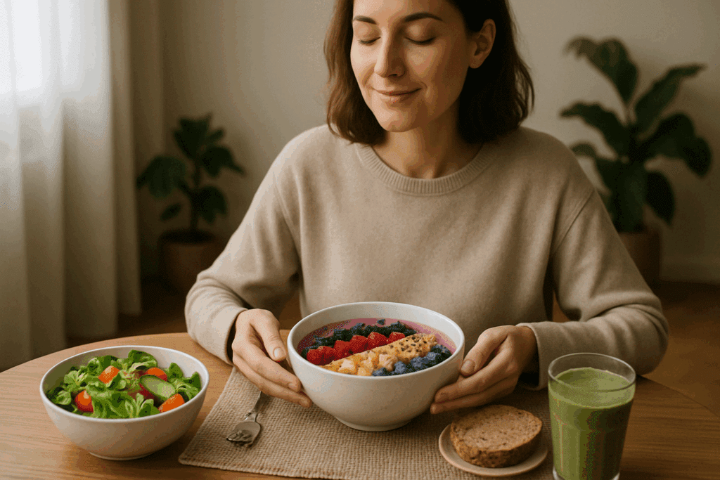How a Whole Foods Diet Supports Sustainable Weight Loss: Expert Tips for Eating Whole Foods to Lose Weight Safely 6 Woman peacefully enjoying a whole foods diet meal with salad, smoothie bowl, and whole grain bread at a calm dining table.