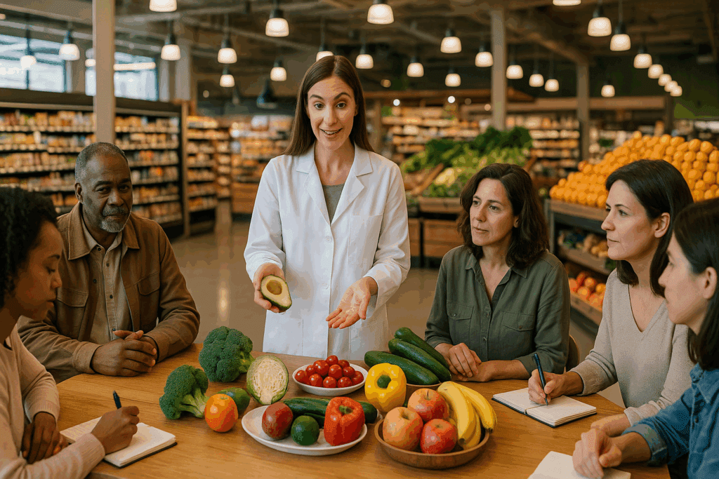 How the Founder and CEO of Whole Foods Market Changed the Way We Eat: Lessons in Healthy Living and Mindful Nutrition 5 Nutrition expert explains healthy food prep to shoppers in a Whole Foods-style store, echoing the vision of the CEO of Whole Foods Market