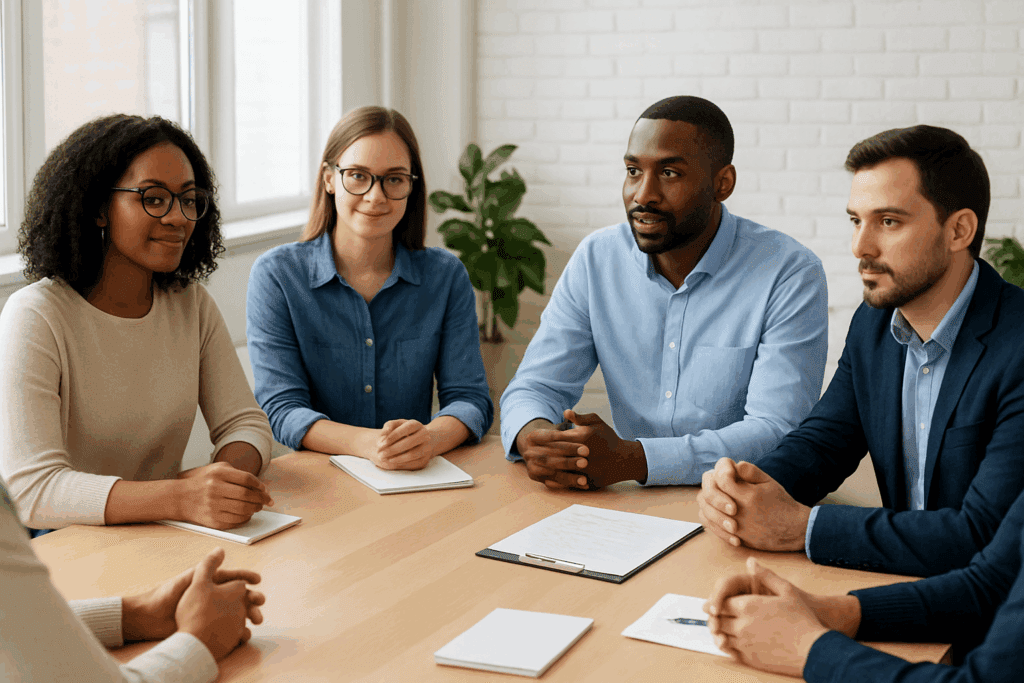 How the National Alliance for Eating Disorders Supports Healthier Eating Habits and Mental Wellness 1 Healthcare professionals and advocates in a team meeting discussing the mission of the National Alliance for Eating Disorders.