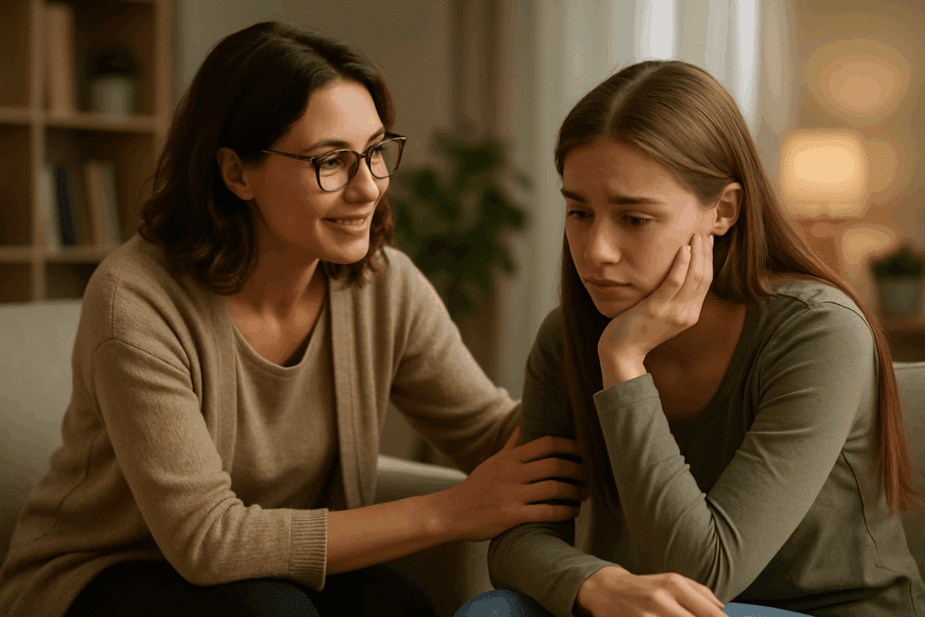 How the National Alliance for Eating Disorders Supports Healthier Eating Habits and Mental Wellness 2 Therapist offering emotional support to a young woman in a warm, softly lit office, reflecting early intervention efforts by the National Alliance for Eating Disorder