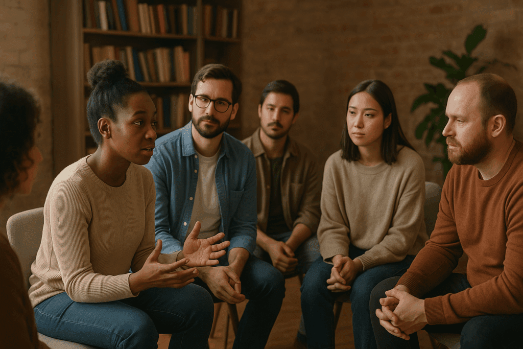 How the National Alliance for Eating Disorders Supports Healthier Eating Habits and Mental Wellness 3 Diverse peer support group sharing experiences in a warm recovery circle, inspired by National Alliance for Eating Disorders values