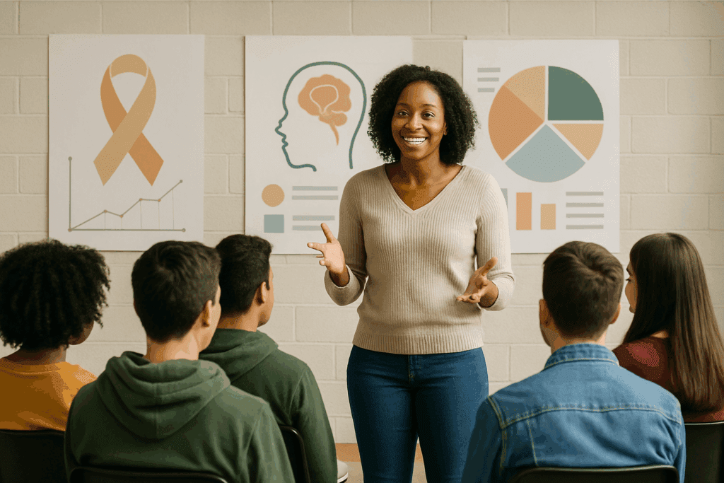 How the National Alliance for Eating Disorders Supports Healthier Eating Habits and Mental Wellness 4 Educator leading a National Alliance for Eating Disorders workshop with teens, using charts and diagrams to promote community awareness.