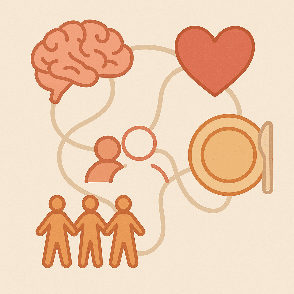How the National Alliance for Eating Disorders Supports Healthier Eating Habits and Mental Wellness 5 Holistic care symbols including brain, heart, plate, and support group figures connected in an infographic representing support from the National Alliance for Eating Disorders.