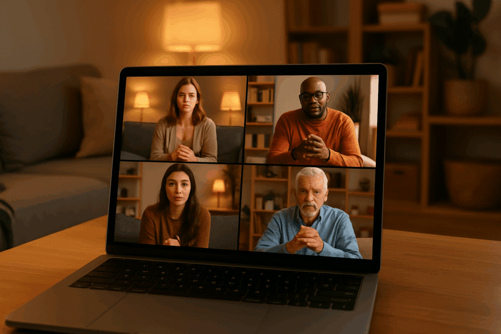 How the National Alliance for Eating Disorders Supports Healthier Eating Habits and Mental Wellness 6 Diverse virtual support group meeting via video call, hosted by the National Alliance for Eating Disorders, with participants in warm, cozy home settings.