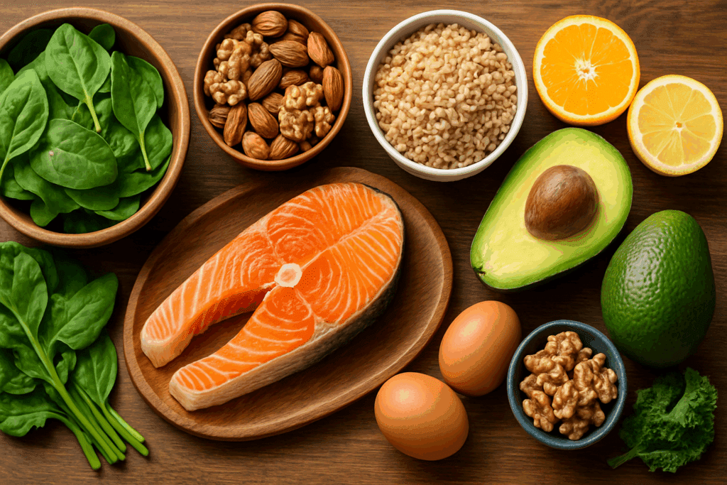 How to Battle Depression Naturally: Smart Nutrition and Lifestyle Strategies That Support Mental Wellness Without Medication 2 Nutrient-rich flat lay with salmon, leafy greens, nuts, whole grains, avocados, eggs, and citrus fruits to help battle depression naturally.