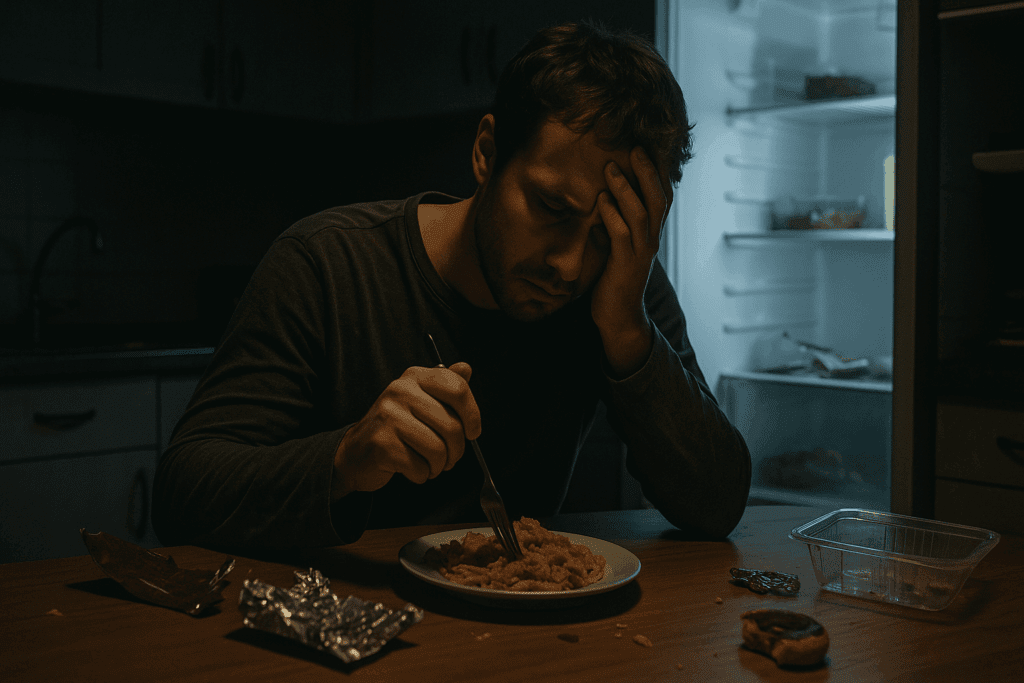 How to Break Food Addiction: Mindful Eating Strategies and Holistic Support for a Healthier Relationship with Food 3 Man sitting alone in a dimly lit kitchen late at night, eating with a look of guilt and distress. Food wrappers and scattered packaging surround him, conveying a sense of secrecy and shame. This image captures the emotional struggle of someone experiencing food addiction and highlights the signs of how to break food addiction