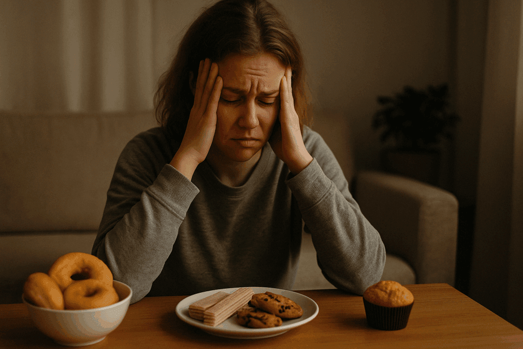 How to Detox from Sugar Safely: What to Expect from the Sugar Withdrawal Symptoms Timeline and How to Ease the Process Naturally 2 Tired woman with her head in hands, sitting near untouched sugary snacks, illustrating how to detox from sugar.