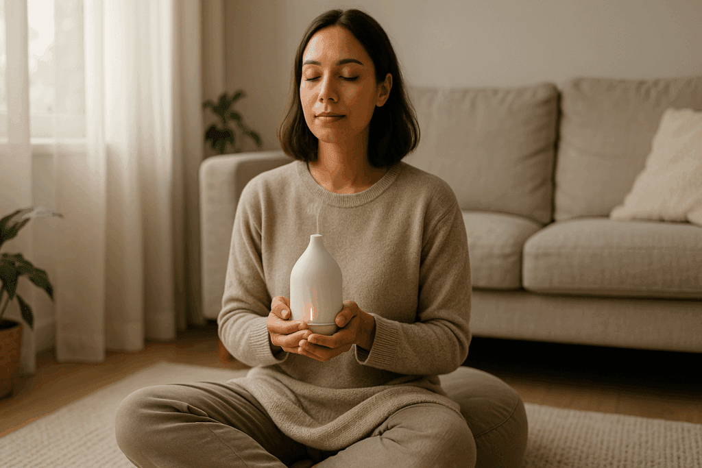 How to Feel Full Without Eating: Expert-Backed Strategies to Support Mindful Nutrition and a Healthier Lifestyle 3 Woman practicing mindfulness with a diffuser in a sunlit living room, illustrating how to feel full without eating through mental satiety.