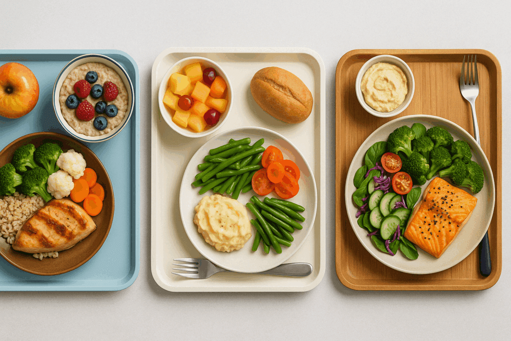How to Find the Best Diet for Your Lifestyle: Expert Tips for Mindful Eating and Lasting Health 3 Top-down view of three nutritionally distinct meal trays for diabetes, kidney health, and inflammation, illustrating the best diet for specific medical needs.