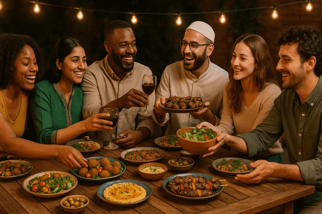 How to Find the Best Diet for Your Lifestyle: Expert Tips for Mindful Eating and Lasting Health 4 Multicultural friends sharing Mediterranean, Halal, vegetarian, and plant-based dishes at a communal dinner celebrating the best diet for diverse lifestyles