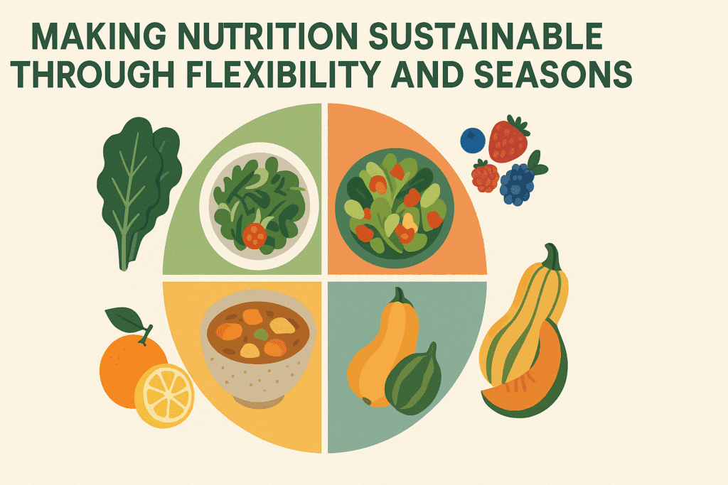 How to Find the Best Diet for Your Lifestyle: Expert Tips for Mindful Eating and Lasting Health 6 Seasonal wheel infographic showcasing the best diet for sustainable nutrition, with fresh produce and meals for spring, summer, fall, and winter, emphasizing seasonal eating flexibility.