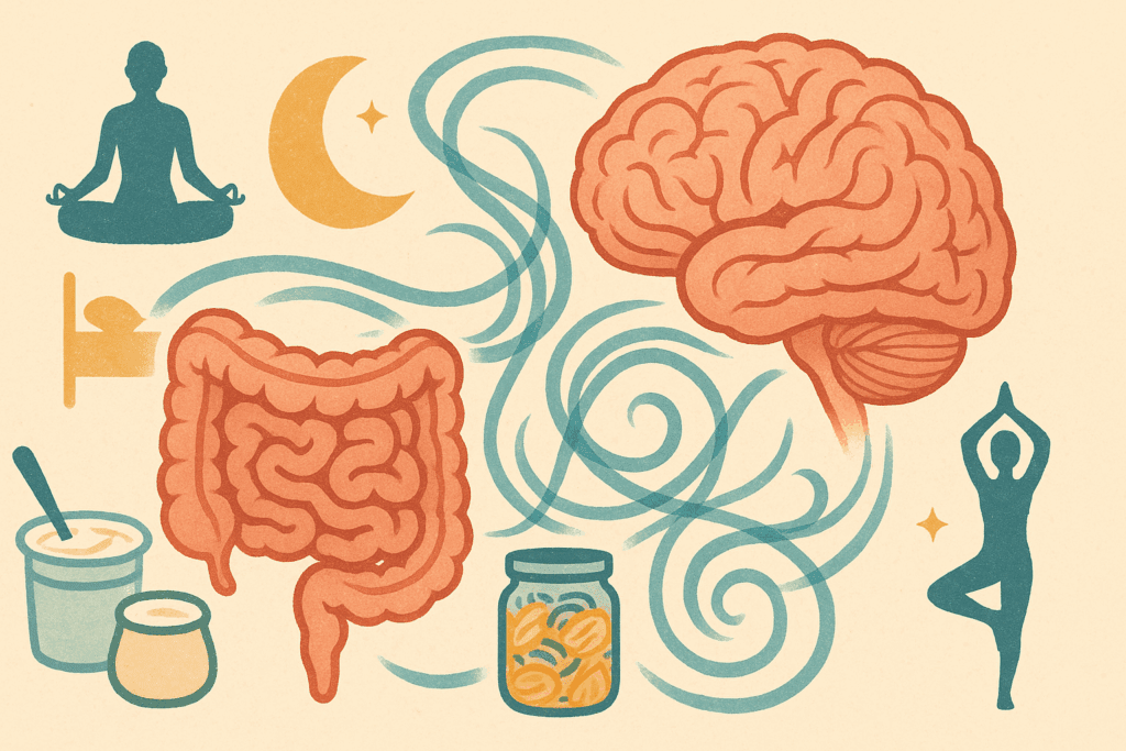 How to Gain Appetite Fast and Naturally: Expert-Backed Tips and Over-the-Counter Options That May Help 5 Illustration of the gut-brain axis with swirling connections, surrounded by icons of yoga, meditation, sleep, and fermented foods—symbolizing holistic strategies on how to gain appetite fast and naturally.