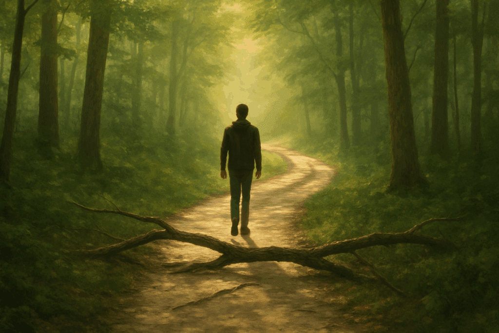 How to Help Someone with Anorexia Nervosa: Nutrition and Lifestyle Strategies That Support Lasting Recovery 6 Person walking a winding forest path with fallen branches, symbolizing recovery challenges in How to Help Someone with Anorexia Nervosa