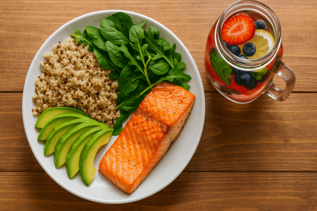 How to Increase Stamina and Endurance Naturally: Smart Training Tips and Nutrition Habits That Support Cardiovascular Fitness 5 Top-down view of a nutritious athlete’s meal with grilled salmon, quinoa, avocado, leafy greens, and fruit-infused water to increase stamina and endurance naturally