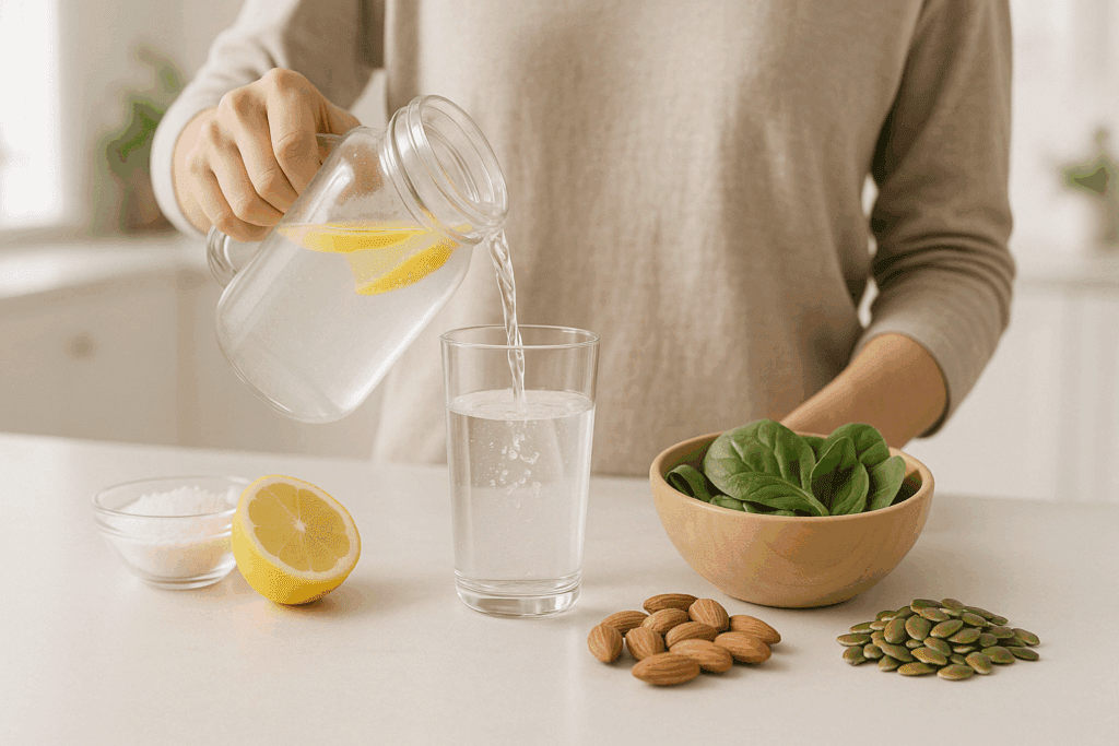 How to Manage Cravings on Keto: Expert-Backed Strategies to Beat Keto Diet Cravings Naturally 3 Person pouring electrolyte water from a mason jar into a glass surrounded by natural sources that help curb keto diet cravings, like sea salt, lemon, spinach, almonds, and pumpkin seeds in a bright kitchen.