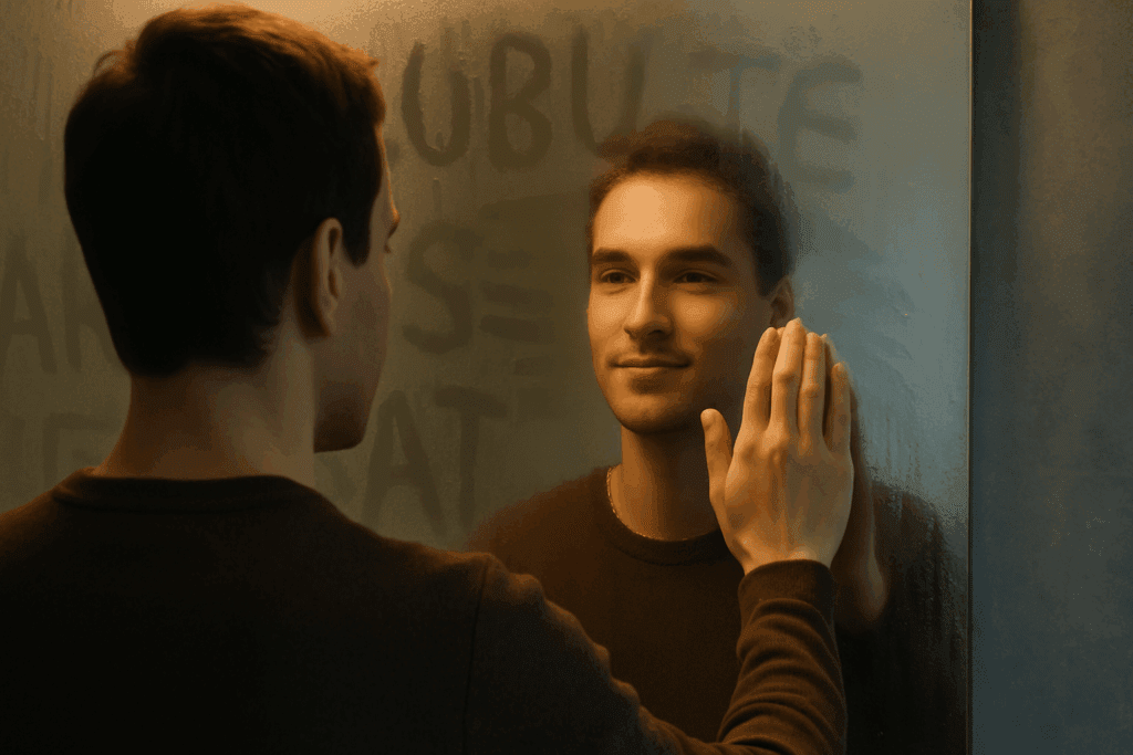 How to Overcome the Fear of Gaining Weight: Expert Tips for a Healthier Mindset 2 Person wipes fogged mirror to reveal a confident reflection, symbolizing overcoming the fear of gaining weight.