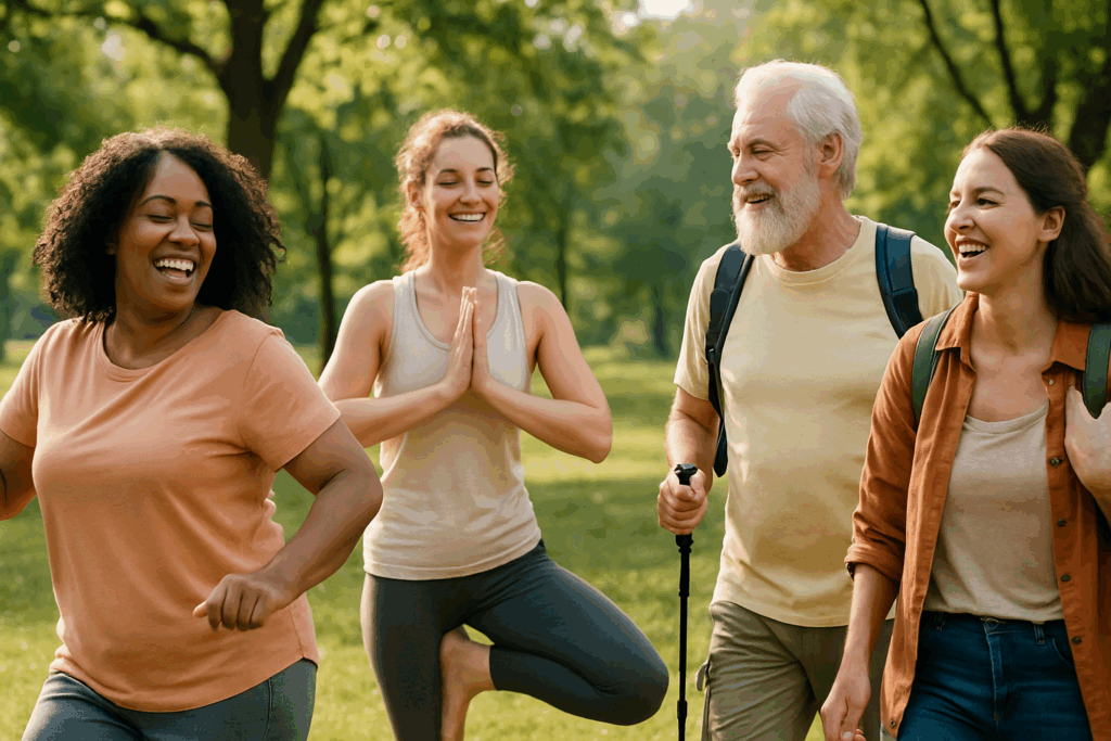How to Overcome the Fear of Gaining Weight: Expert Tips for a Healthier Mindset 5 Diverse group joyfully dancing, doing yoga, and hiking outdoors, promoting movement without fear of gaining weight.