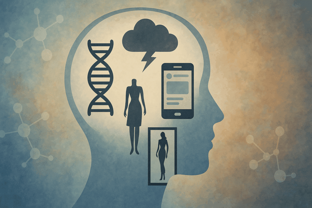How to Prevent Eating Disorders Through Mindful Nutrition: Understanding Risk Factors and Building a Healthier Relationship with Food 2 Conceptual illustration of a transparent human head filled with icons representing anxiety, genetics, media pressure, and cultural ideals—highlighting underlying factors to prevent eating disorders.