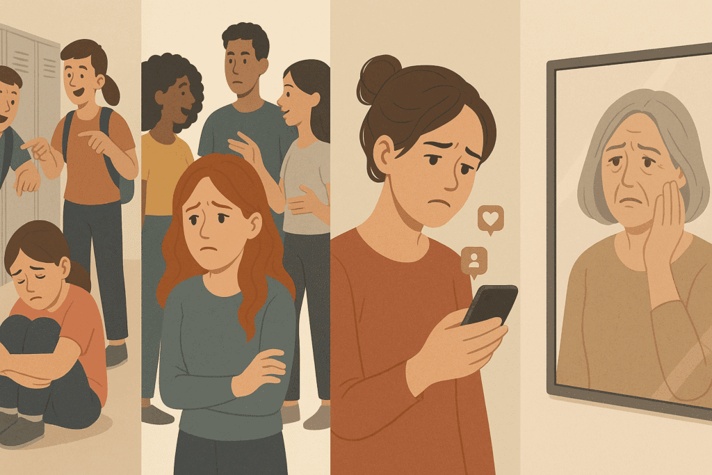 How to Prevent Eating Disorders Through Mindful Nutrition: Understanding Risk Factors and Building a Healthier Relationship with Food 3 Timeline of emotional risk factors that can prevent eating disorders, showing bullied child, anxious teen, stressed young adult with phone, and older woman reflecting in mirror