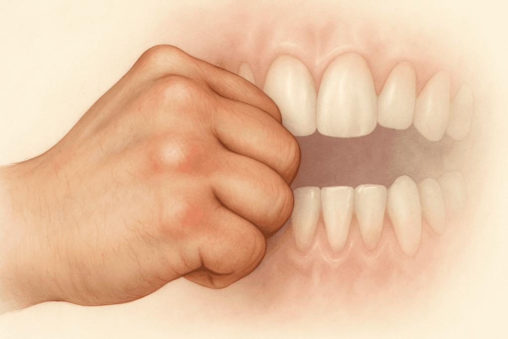 How to Recognize Bulimia Hands and Knuckles: Understanding Russell’s Sign and What It May Reveal About Eating Disorders 2 Clenched fist pressing against translucent teeth, symbolizing repetitive trauma linked to Bulimia Hands and Knuckles