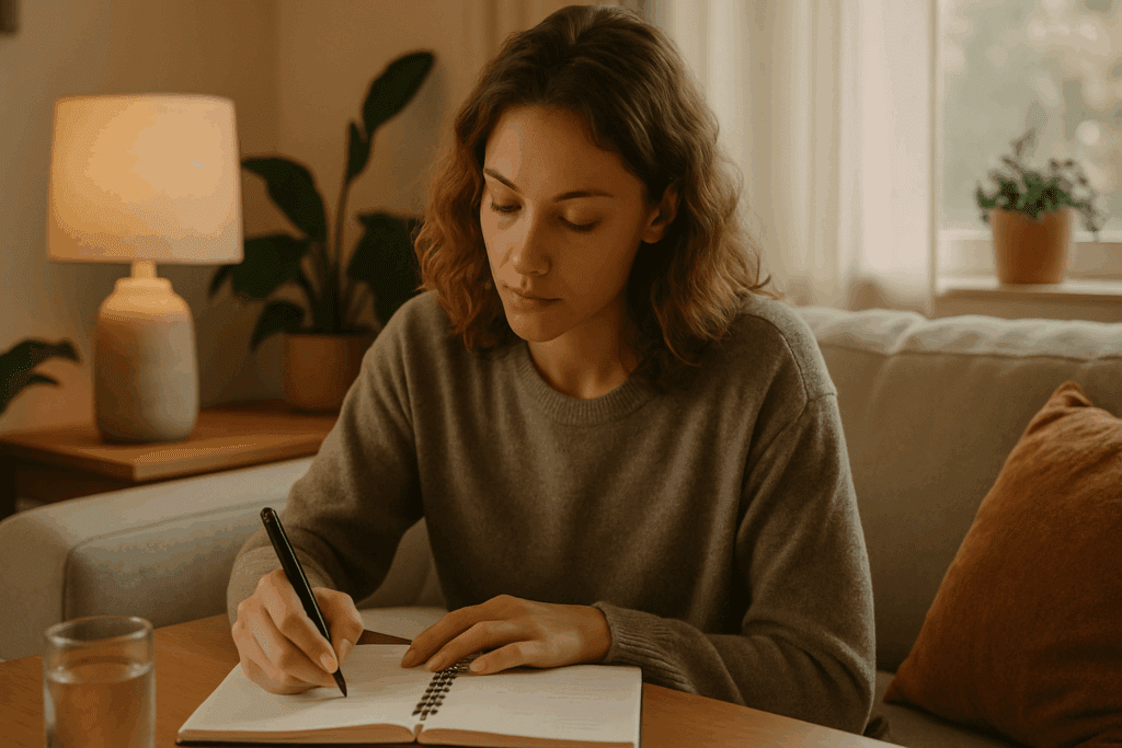 How to Start Working Out for Beginners: Expert Tips to Build Endurance, Boost Stamina, and Stay Consistent 1 Woman journaling fitness goals in a cozy living room, showing introspection on how to start working out for beginners