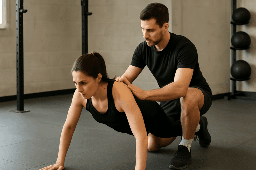 How to Start Working Out for Beginners: Expert Tips to Build Endurance, Boost Stamina, and Stay Consistent 3 Trainer showing how to start working out for beginners by guiding proper push-up form in a gym setting