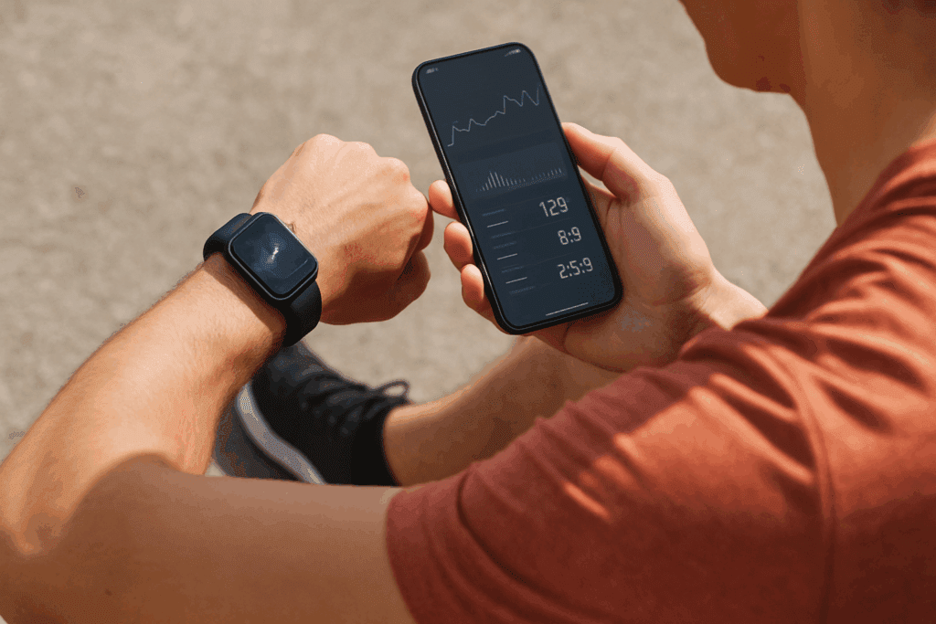 How to Start Working Out for Beginners: Expert Tips to Build Endurance, Boost Stamina, and Stay Consistent 5 Person tracking fitness stats on smartwatch and phone during an outdoor workout, illustrating how to start working out for beginners.