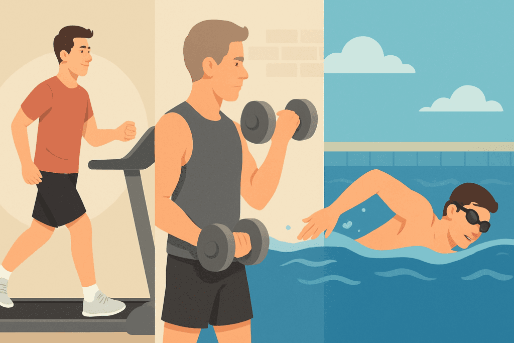 How to Start Working Out for Beginners: Expert Tips to Build Endurance, Boost Stamina, and Stay Consistent 6 Collage showing how to start working out for beginners with scenes of light cardio, strength training, and swimming progression